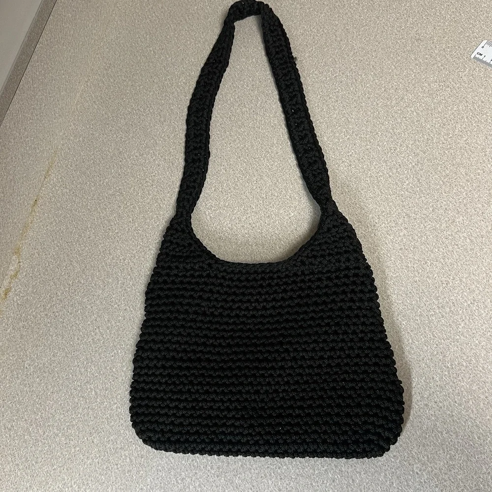 Black Crochet Knit Hobo Sack Beaded Handbag Flower Purse Zip‎ And Inside Pocket